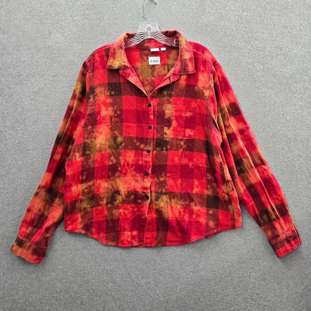 Betty Boop Women Top Large Red Tie Dye Plaid Flannel Los Angeles Button Up